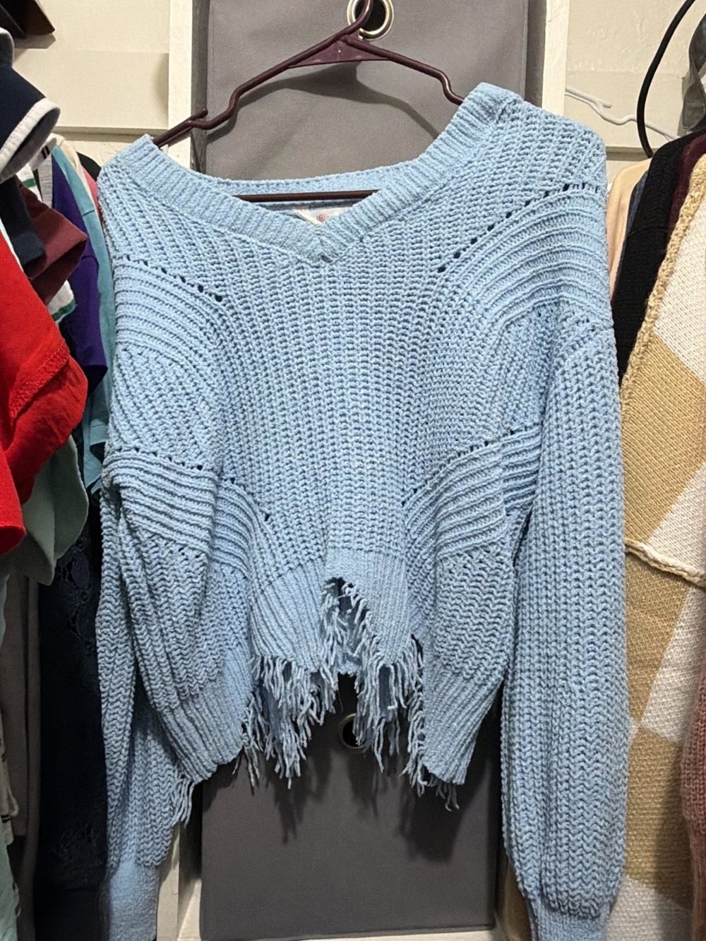 No Boundaries Light Blue V‑Neck Distressed Knit Crop Sweater